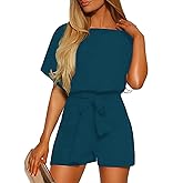 Vetinee Womens Summer Belted Romper Keyhole Back Short Sleeve Jumpsuit Playsuit
