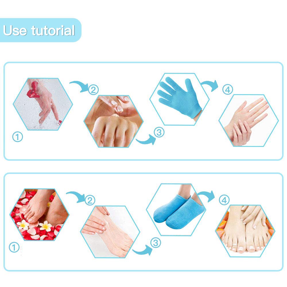 Pinkiou Moisturizing Gloves Socks Set Gel Spa for Moisturize Soften Repairing Dry Cracked Hands Feet Skin Care Silicone inside–Blue : Beauty