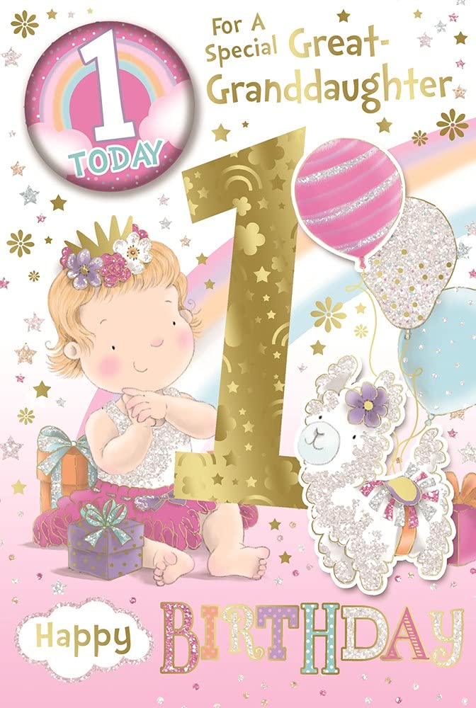Great Granddaughter 1st Birthday Card & Badge - Girl with Llama and Balloons 9" x 6"