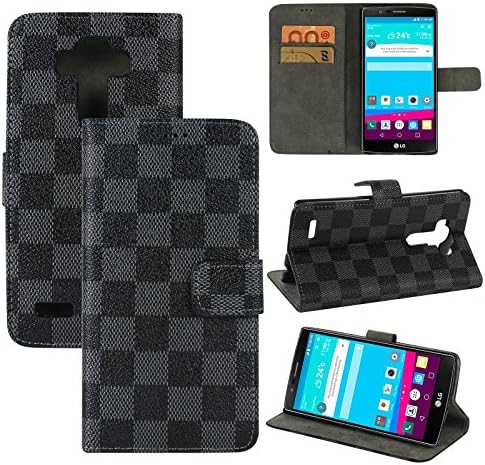 LG G5 Case Cover, SAFODO[Kickstand Feature] Premium PU Leather Flip Cover Wallet Case [Grid Pattern] for LG G5, [Gray/Black]