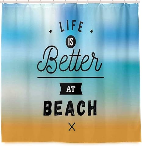 Amazon Ecomaomi シャワーカーテン 防水 ポリエステル 風呂カーテン 浴室 おしゃれ かわいい 人生はビーチで良い ロマンチックな心に強く訴える言葉ぼやけた海岸の背景 取付簡単 浴室 間仕切り カーテンリング付属 シャワーカーテン ホーム キッチン オンライン通販