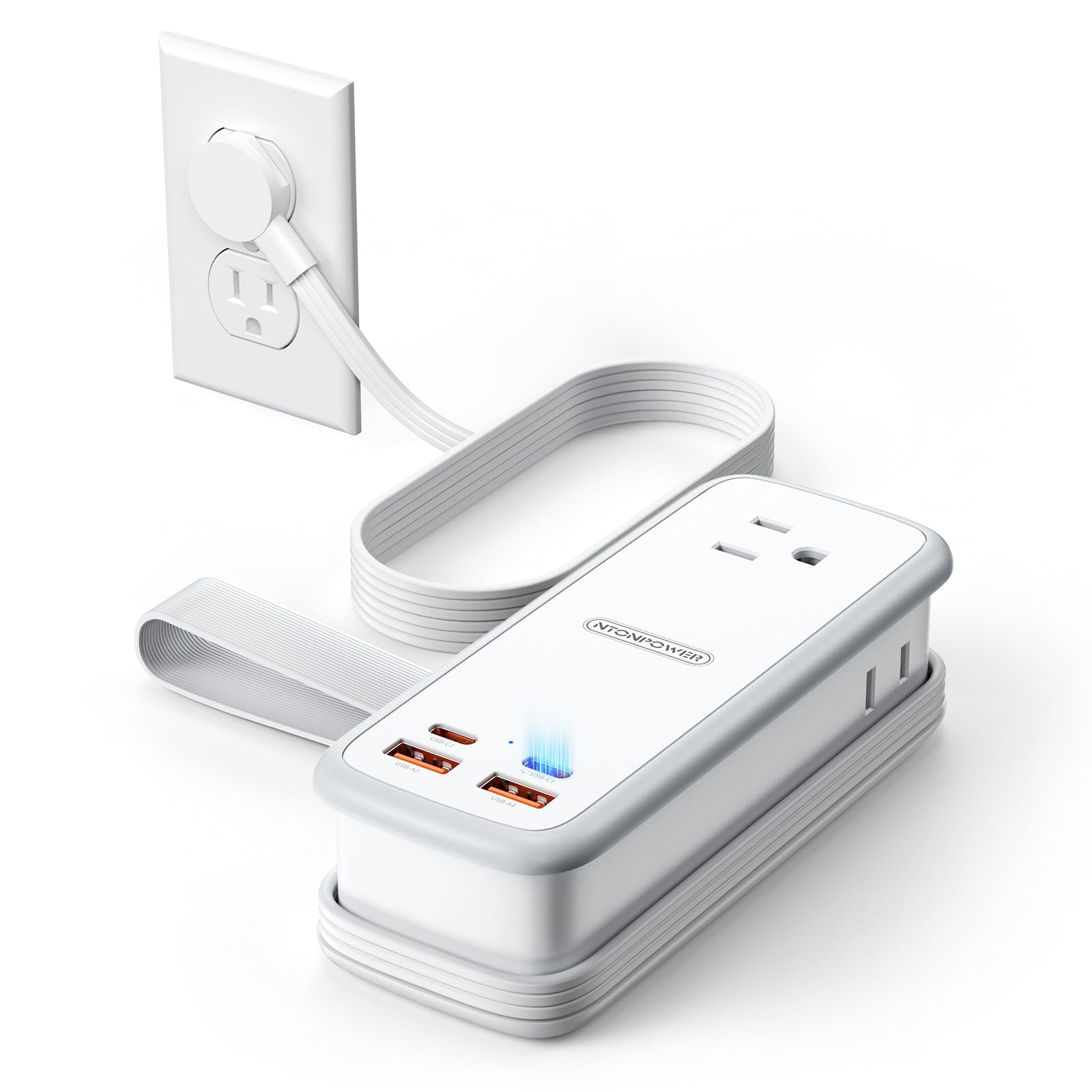 NTONPOWER 100W GAN Ultra Travel Power Strip, 7-in-1 USB C Charging Station with 3 Outlets 4 USB (2 Fast Charge)& 5ft Extension Cord, Compact Desktop Charger for MacBook, iPhone, Cruise, Office, White Image