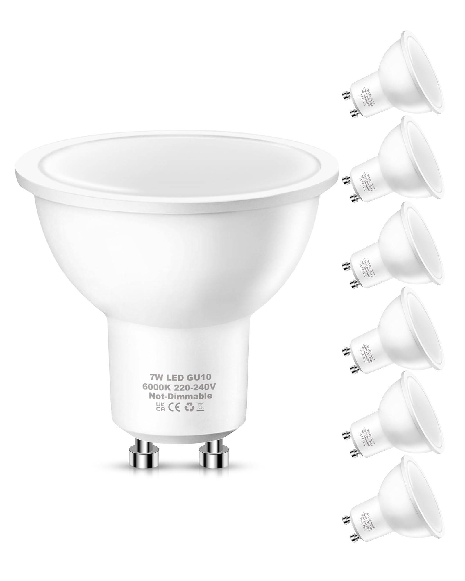 Flaspar GU10 LED Light Bulbs 60W Equivalent, 6000K Daylight White, 7W 600LM GU10 LED Bulbs 6 Pack, Energy Saving Spotlight Light Bulb for Ceiling, Not-Dimmable — image 1