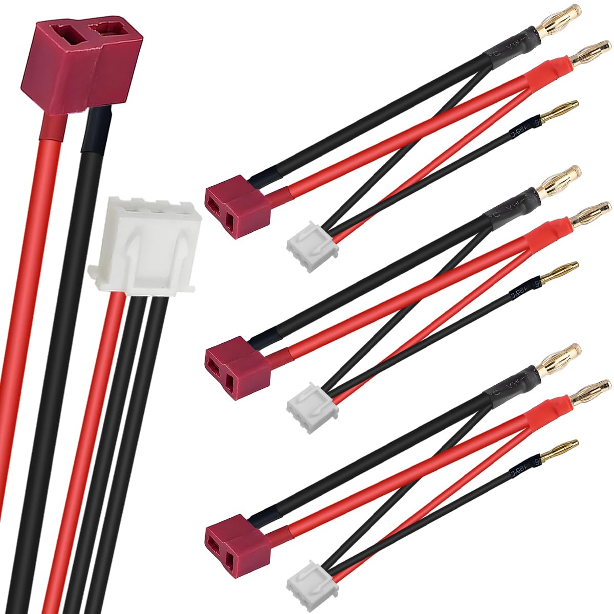 HAAMNING7 3 Pcs RC Car Hardcase Connector Cable T Plug to 4mm Banana Connector Cable, T Plug Female to 4mm Bullet Banana 90° Adapter with 3 Pin JST-XH Plug, for 2S 7.4V Lithium Lipo Battery
