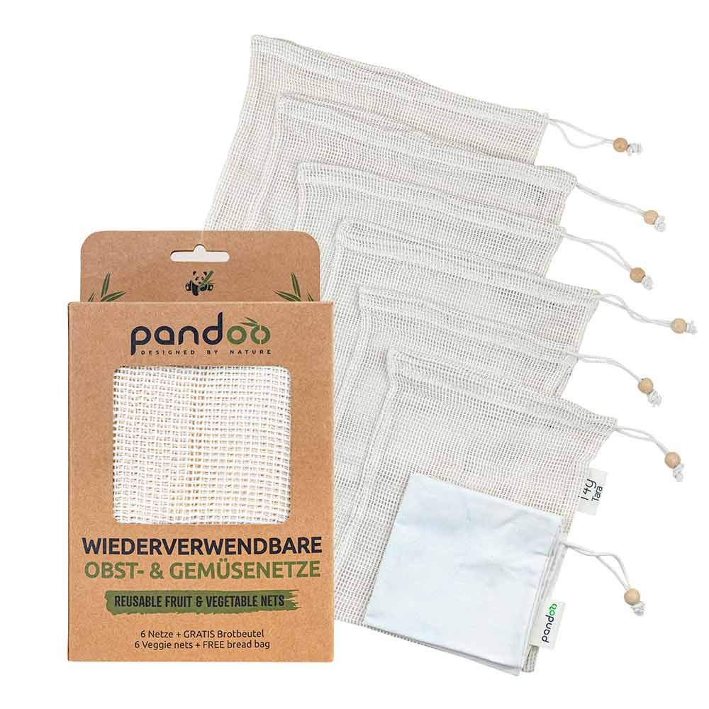 pandoo Fruit and Vegetable Nets (6+1 Pack) with Free Bread Bag | Veggie Plastic-Free Produce Shopping Bags | Mesh Bag Zero Waste Set | Made from Organic Cotton