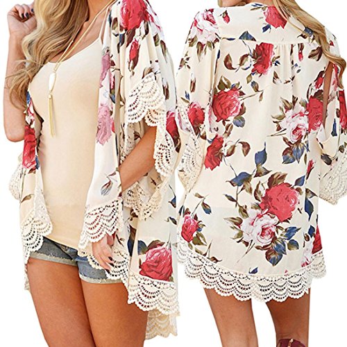 Tootu Women Chiffon Loose Shawl Print Kimono Cardigan Top Cover Up Blouse Beachwear (S, J)