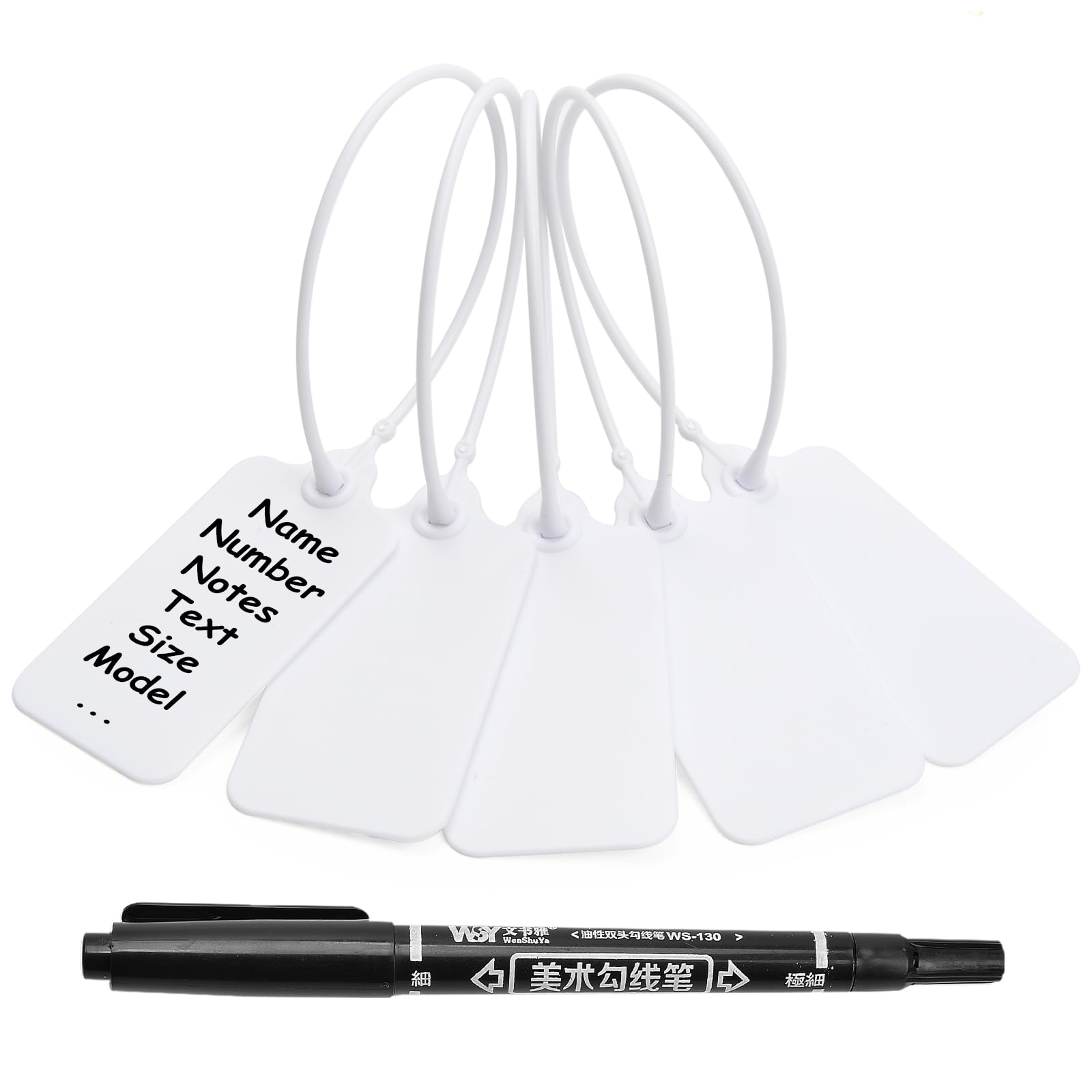 Photo 1 of 50 White Blank Plastic Tags for Labeling Waterproof Hanging Labels Writable Tags Seal Plastic Marking Label for Clothes Bags Keys Inventory with One Marker Pen