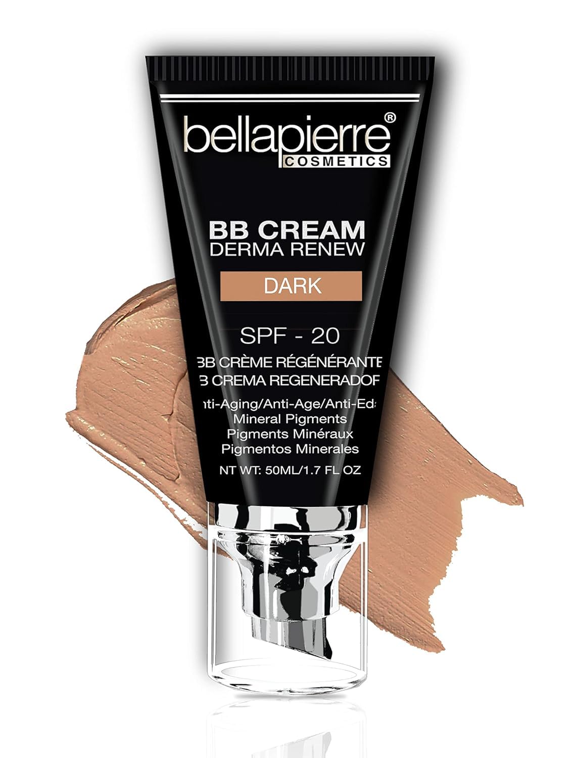 bellapierre BB Cream with SPF 20 - Tinted Sunscreen, Concealer, Matte Foundation, & Moisturizing Face Cream | Lightweight Formula + Pump Top Applicator | Non-Toxic & Paraben Free - 48 ML - Dark