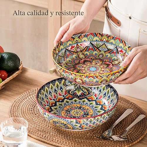 Henten Home Juego de platos hondos de pasta, 2 platos hondos de colores, 1500 ml, cuencos multiusos para sopa, fideos, espaguetis, pasta, ensalada, serie Mylo, estilo boho