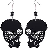 Wooden Flower Turban African Woman Head and Bead Dangle Hook Earrings