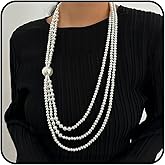 Asphinien Vintage Multi-Strand Pearl Statement Necklace 35.4 Inch Length Large Center Pearl Layered Design Lariat Long Chain Necklace for Women