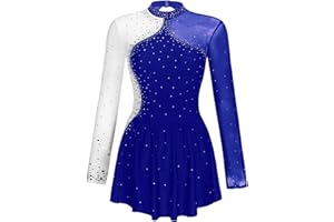 iiniim Women's Long Sleeve Figure Ice Skating Dress Shiny Rhinestone Ballet Skirted Leotard Dresses