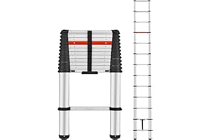 ICARRY Telescoping Ladder 12.9 FT One Button Retraction Aluminum Retraction Telescopic Ladder, Soft Close Design, 250lb Capacity, Portable Multi-Purpose Compact Ladder for Home, RV, Outdoor Work