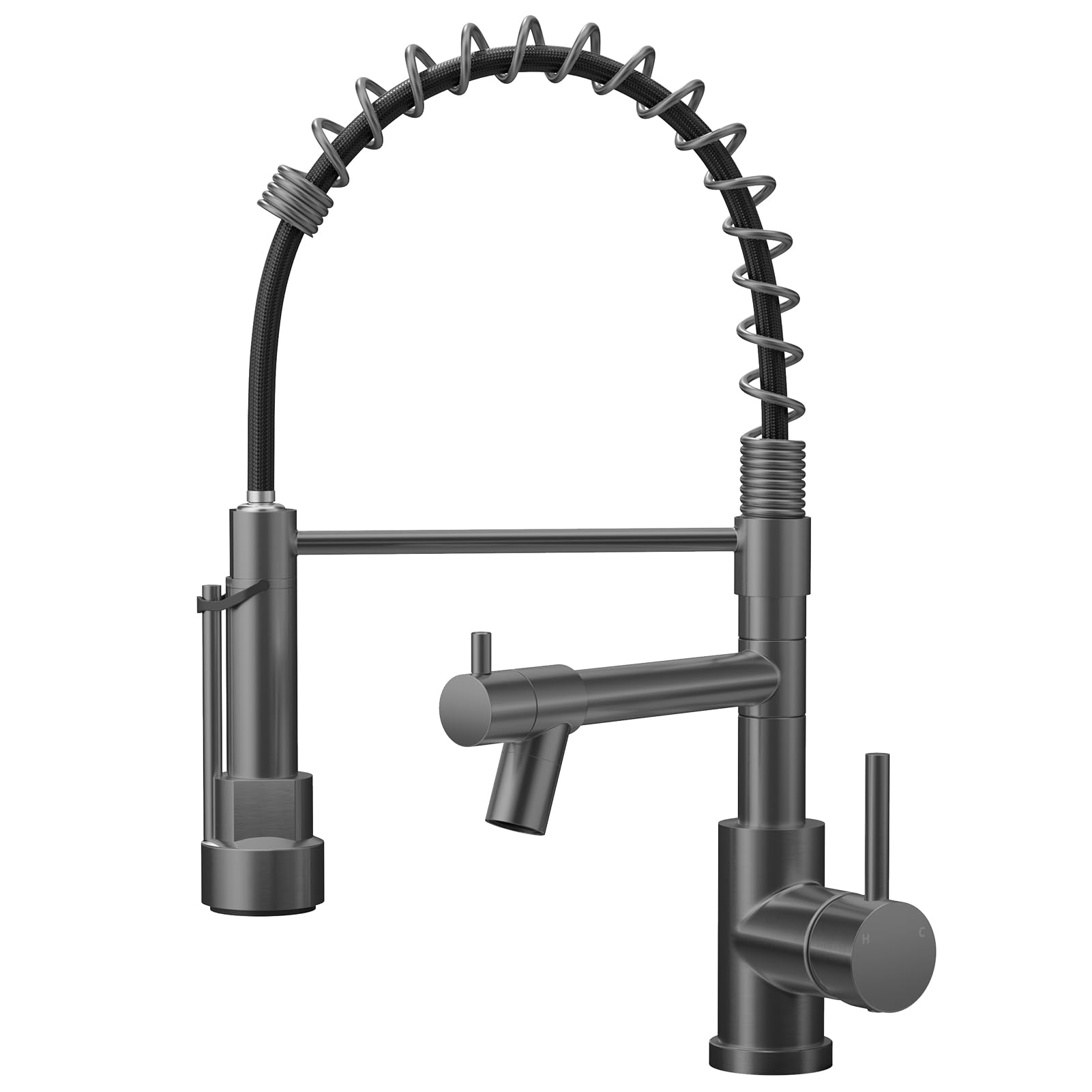 Warmiehomy Professional Kitchen Tap,High Arc Kitchen Taps with Pull Out Sprayer,360° Swivel Double Spouts Spring 1 Hole Sink Taps Mixer for Kitchen,Dark Grey