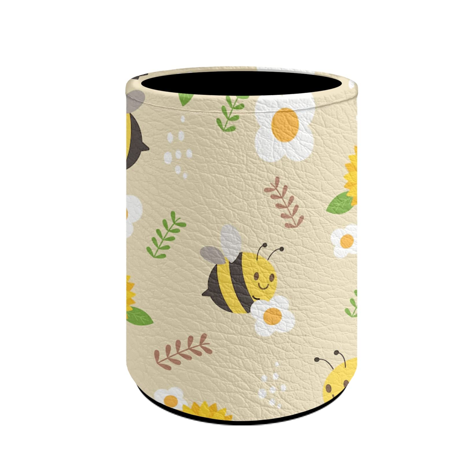 Coloranimal Bee Print Leather Pencil Holder Round Pen Cup Holder for Desk,Office Stationery Storage