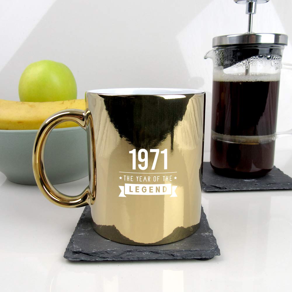 eBuyGB Fiftieth Gift for Dad Engraved Metallic Shiny Gold Coffee Mug-1971 Year of The Legend Design-50th Birthday, Men-350ml Tea Cup, Ceramic