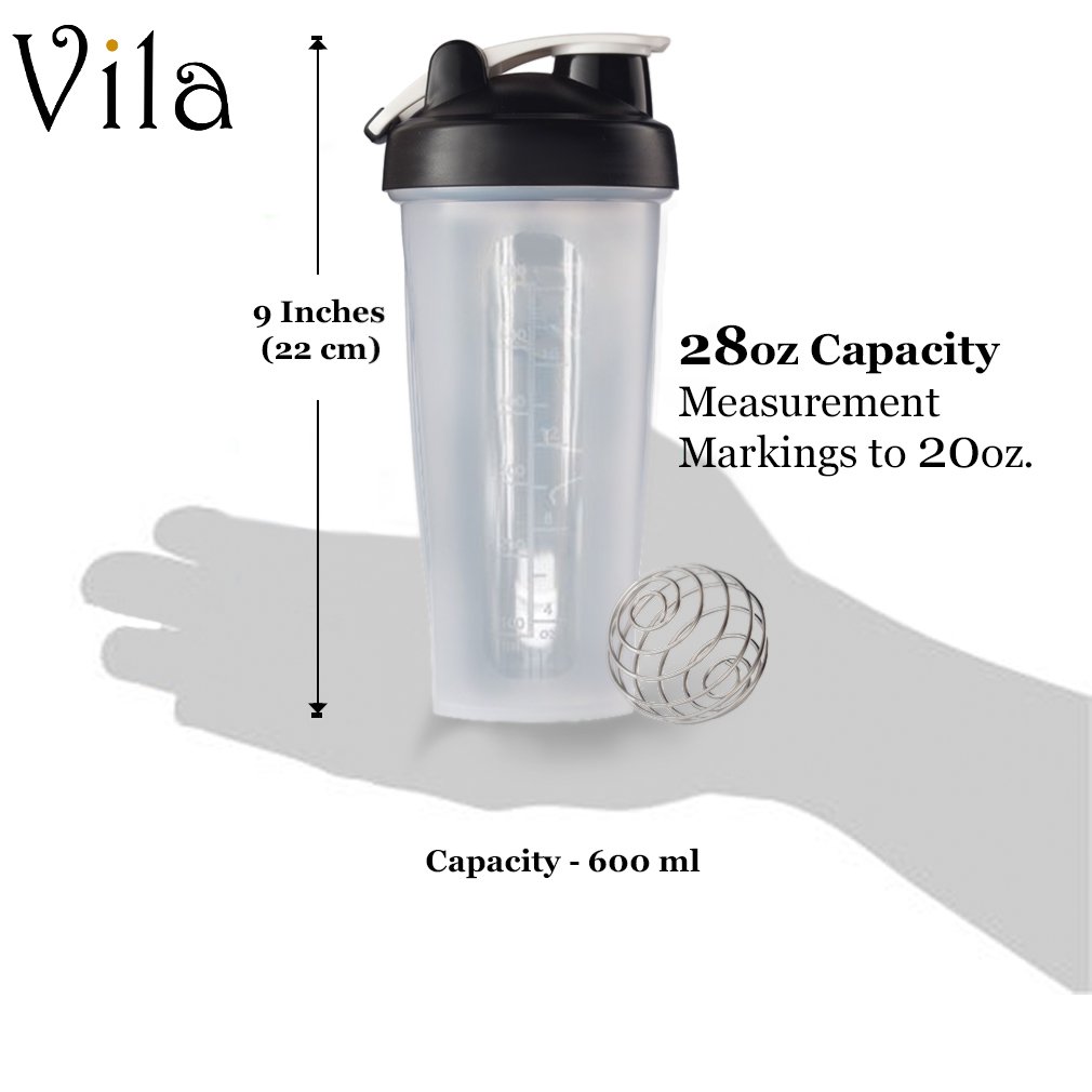 Vila Blender Bottle: Perfect for smoothies, protein blends and more: Stainless steel blender ball inside: Leak-proof, dishwasher safe and BPA-free: Embossed Ounce and Milliliter markings
