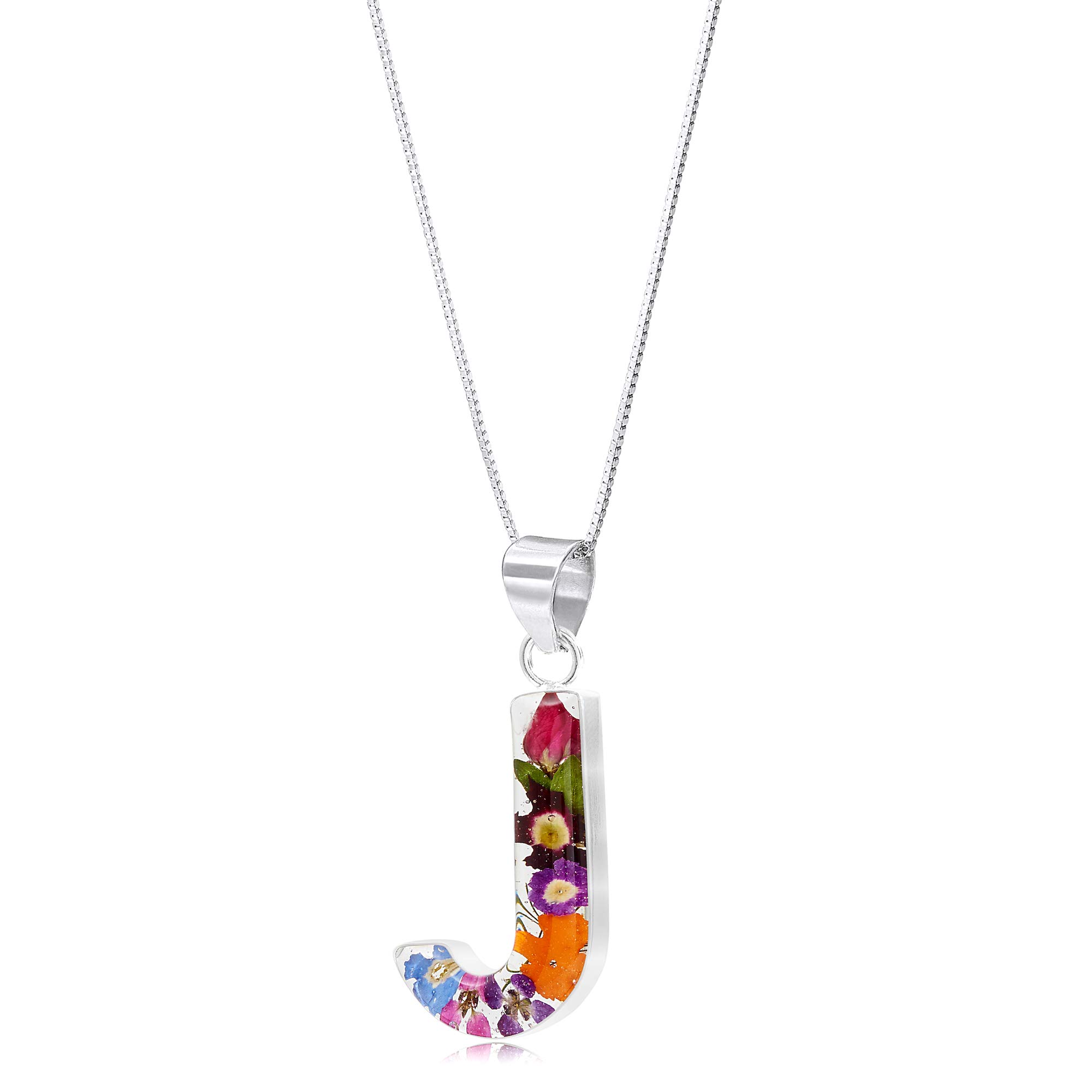 Shrieking Violet 925 Sterling Silver Letter Real Flower Initial Pendant Necklace - Assorted Flowers (Multicolour)