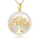 Agvana Gold Tree of Life Necklace Earrings for Women Gold Plated Sterling Silver Genuine Mother of Pearl CZ Family Tree Jewelry Anniversary Birthday Gifts for Women Mom Wife