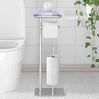 Toilet Paper Holder Stand with Top Storage Shelf, Silver Toilet Paper Roll Holder Free Standing, Floor Standing Toilet Roll D