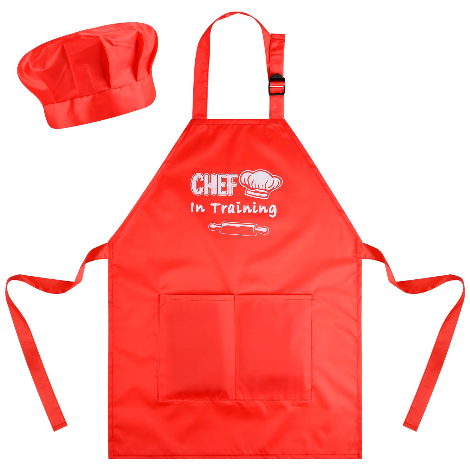 Bouiexye Kids Apron and Chef Hat Set Adjustable Child Aprons with 2 Large Pockets for Girls Boys Cooking Baking Painting Gift (Red)