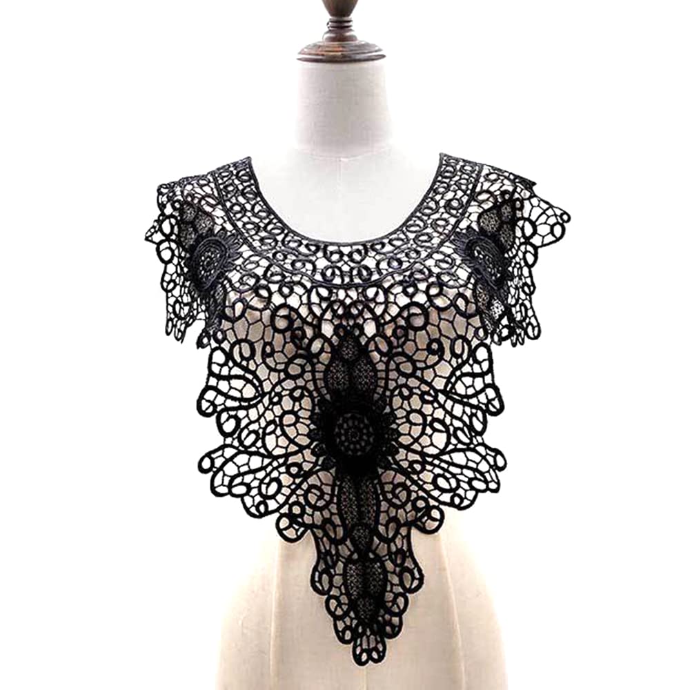 Lace collar,insert collar,neckline,lace,multicoloured,embroidered embroidery,lace trim,dress,sewing,DIY,handmade,front,lace appliqu? embroidered,wedding,lace motif,patches,black
