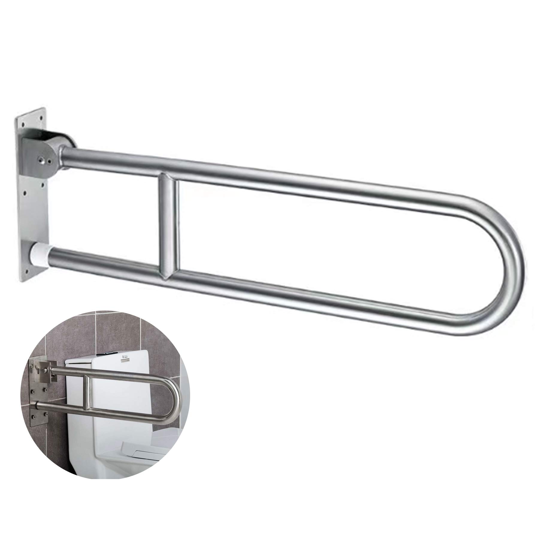 FlySkip Toilet Grab Bar,Fold Down Grab Bar Support, 31.5Inch Stainless Steel Flip-Up Handicap Grab Bar Rail, Wall Mounted Bathroom Shower Safety Support Bar for Disabled Elderly Pregnant Woman