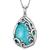 Teardrop Turquoise Necklaces 925 Sterling Silver Filigree Necklaces Pendant Genuine Natural Turquoise Jewelry Anniversary Birthday Gift for Women