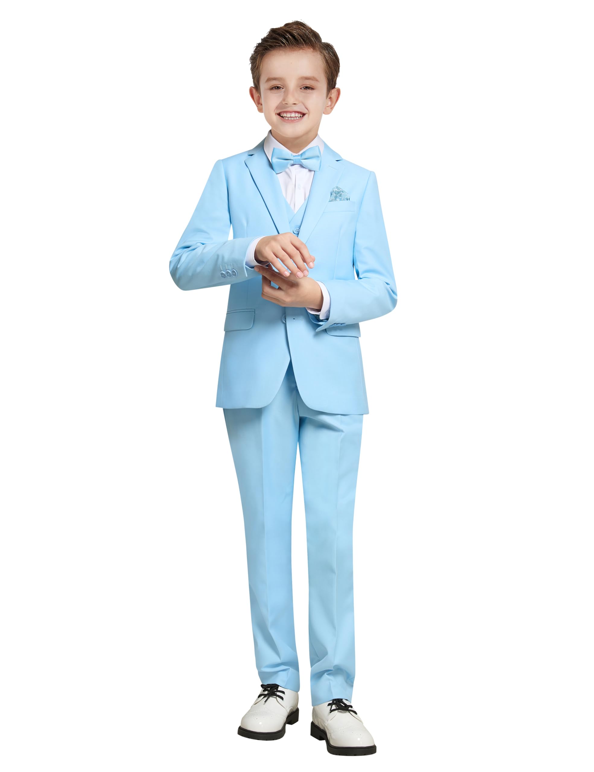Boys Light Blue Suit Slim Fit Kids Formal Suit Tuxedo 5 Pieces for Wedding Ring Bearer, Easter, First Communion, Confirmation, Graduation Toddler Boys Size 3 Image