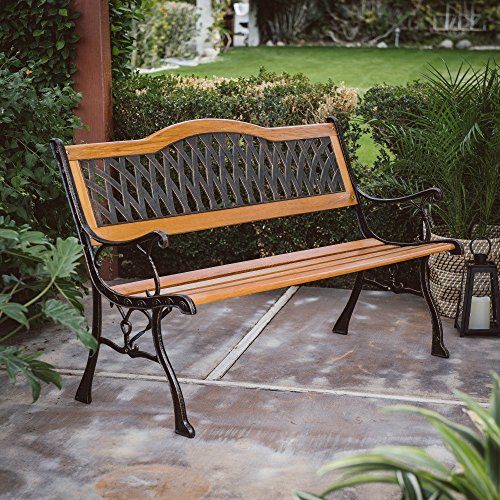 Outdoor Garden Bench Wood and Metal Furniture Deck Seat 50 in. Curved Crisscross Pattern Back Ideal for Backyard, Porch or Gazebo