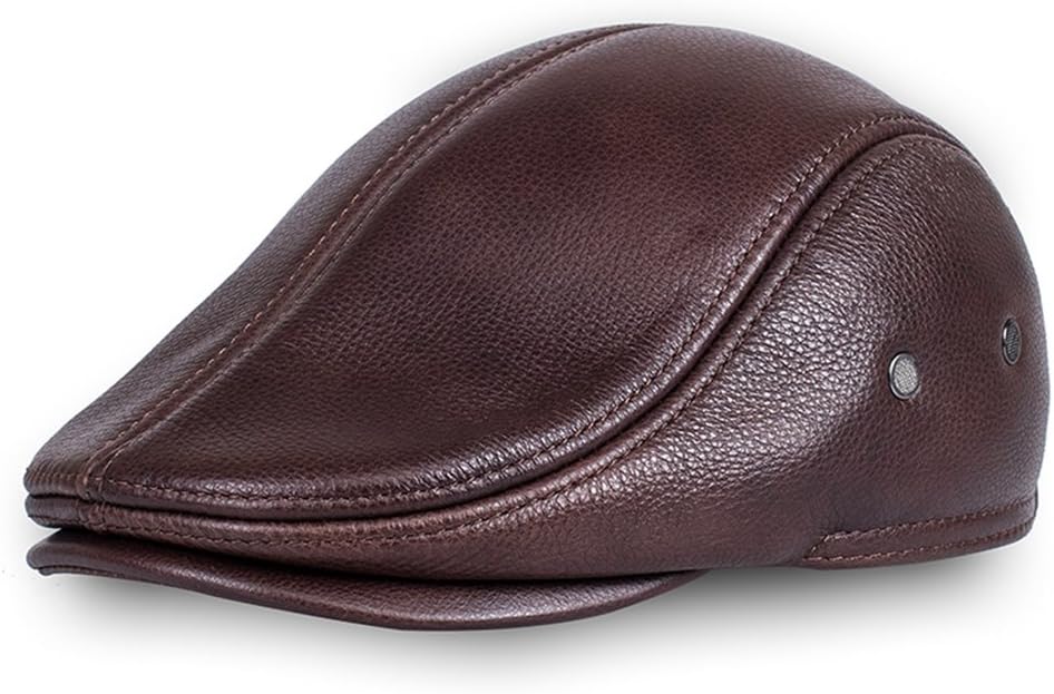 VEMOLLA Men's Real Cowhide Leather Beret Hunting Cap Beanie Trucker Cap Mens Sports Hat - Brown - 6 3/4/6 7/8