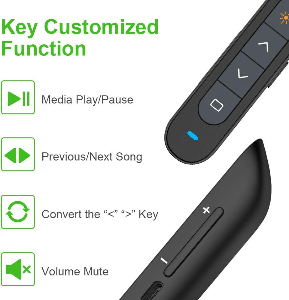 330FT KNORVAY N76 Green Presentation Remote Rechargeable Wireless Presenter Remote with Green Light, Presentation Pointer Slide Advancer Support Hyperlink/Volume/Key-Customized : Office Products