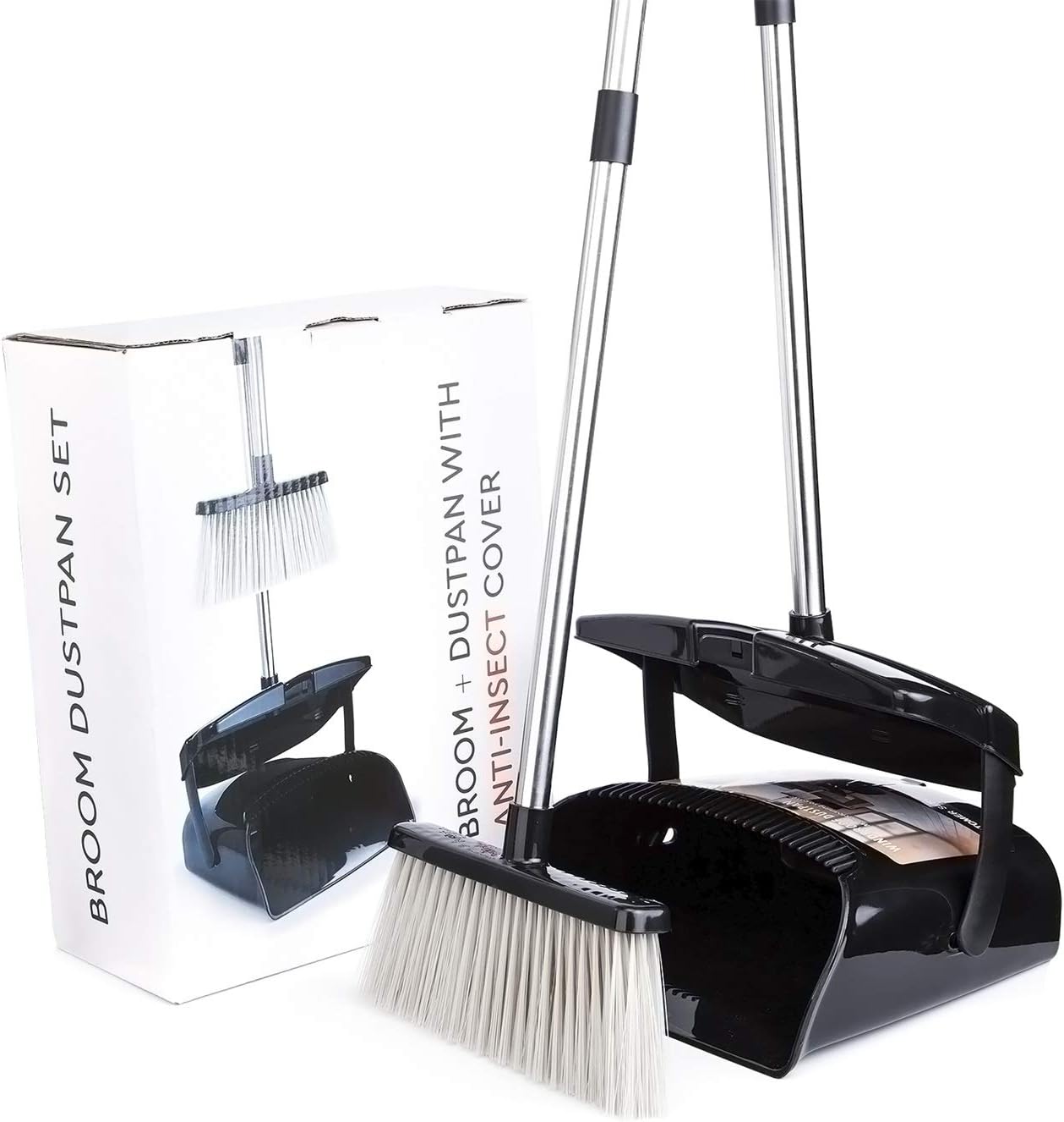 Broom and Dustpan Set with Lid Outdoor Or Indoor Dust Pan 3 Foot Long Stainless Cleans Broom Combo Upright Steel Handle Kids Lobby Pet Dog Hair Wood Floor Room Office Sweeping Kitchen House: Kitchen & Dining