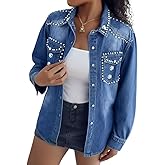 CHICME Womens Pearl Rhinestone Embellished Denim Shirt Long Sleeve Button Down Turn Down Collar Casual Jean