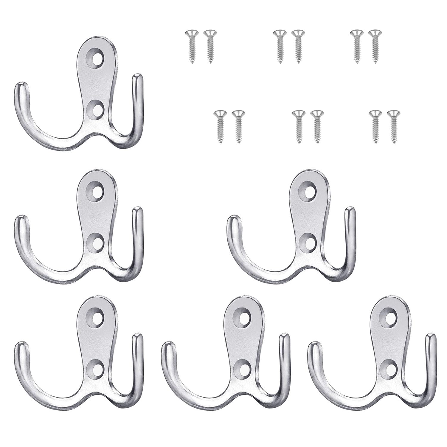 SUJIBHI 6 Pcs Double Prong Coat Hook Dual Coat Door Hooks Wall Mounted Hanging Clothes Metal Door Hooks with 12 Pcs Screws for Bathroom Bedrooms Hanging Clothes Robe Towel Kitchen,Silver