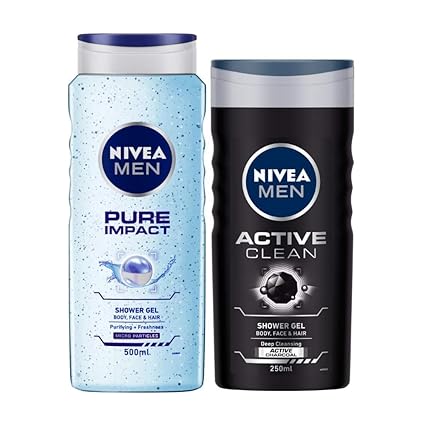 NIVEA MEN Hair, Face & Body Wash, Pure Impact Shower Gel, 500ml and NIVEA MEN Hair, Face & Body Wash, Active Clean Shower Gel, 250ml