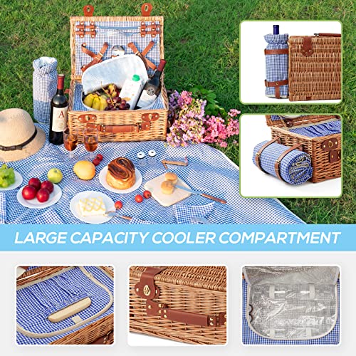 DHAEE 4 Person Wicker Picnic Basket Set with Cooler Compartment and Waterproof Picnic Blanket, Removable Strap, Hiking, BBQ and Gifts for Family/Couples