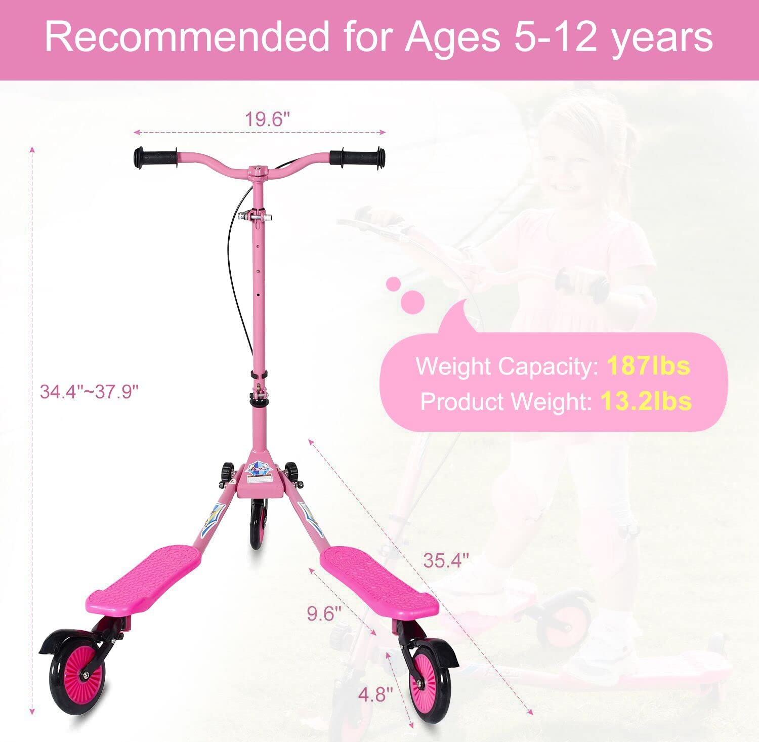 Kids Swing Scooter, 3 Wheels Drifting Scooter/Wiggle Scooters with Adjustable Height & Foldable for Boys/Girl/Ages 5-12 Years