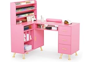 OmySalon L Shaped Manicure Table with Dust Collector, 52" L Corner Nail Desk for Nail Techs, w/Polish Display Rack Arm Rest, Acetone Resistant Top, Drawer and Cabinet Storage, for Nail Salon (Pink)