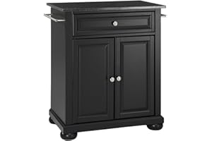 Crosley Furniture Alexandria Granite Top Small Portable Rolling Kitchen Island Storage Cart, Microwave Stand, Black