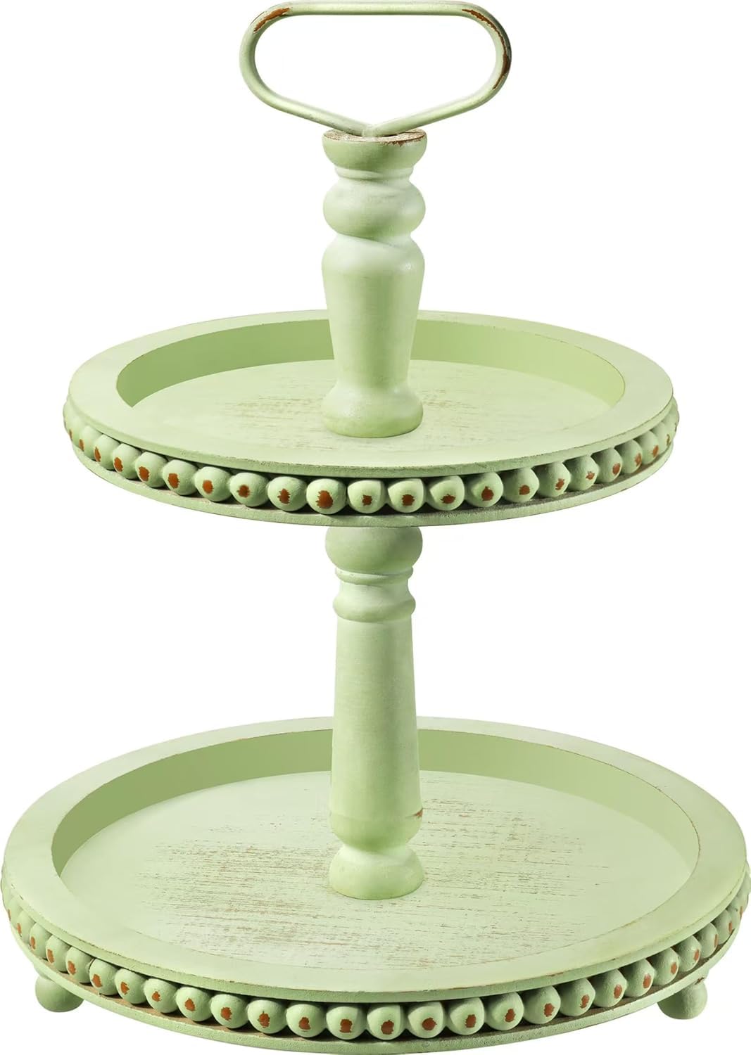 Photo 1 of Handmade Two Tiered Tray Stand, Small Beaded Tiered Seasonal Tray Decor, Sage Wooden Kitchen Serving Tray for Coffee Food Fruits Cupcakes, Home Decor Holiday Display