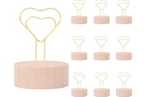 Oubest Gold Table Number Holders & Place Card Holders with Heart-shaped Metal Wire and Wooden Base - 10 PCS Picture Photo Sign Stands for Table, Centerpieces, Wedding, Party, Birthday Decor, Gold