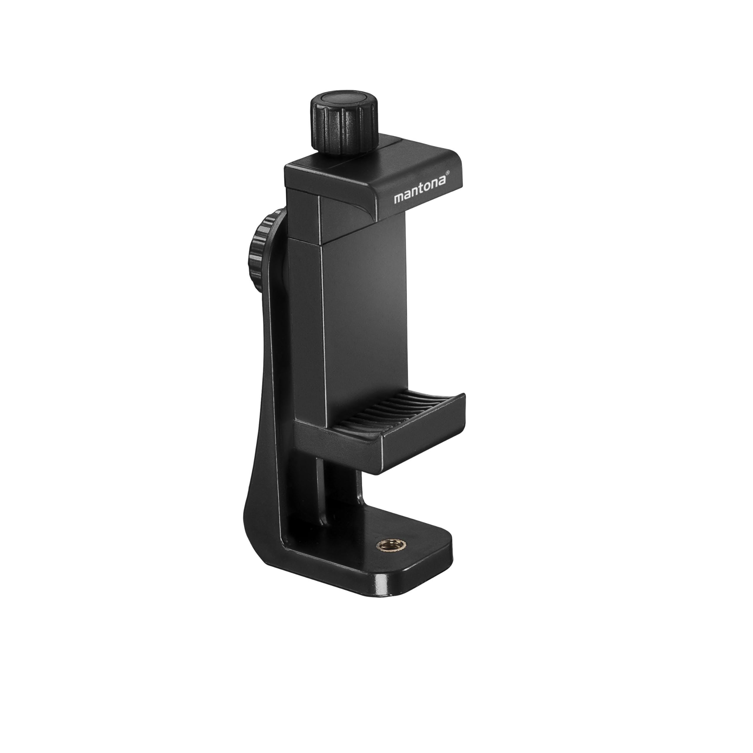 Mantona Rotate Clip 100 Smartphone Holder, Universal Rotating Mobile Phone Holder for iPhones and Smartphones with 55-85 mm Width, with 1/4 Inch Thread, for Mounting on Tripod and Selfie Stick