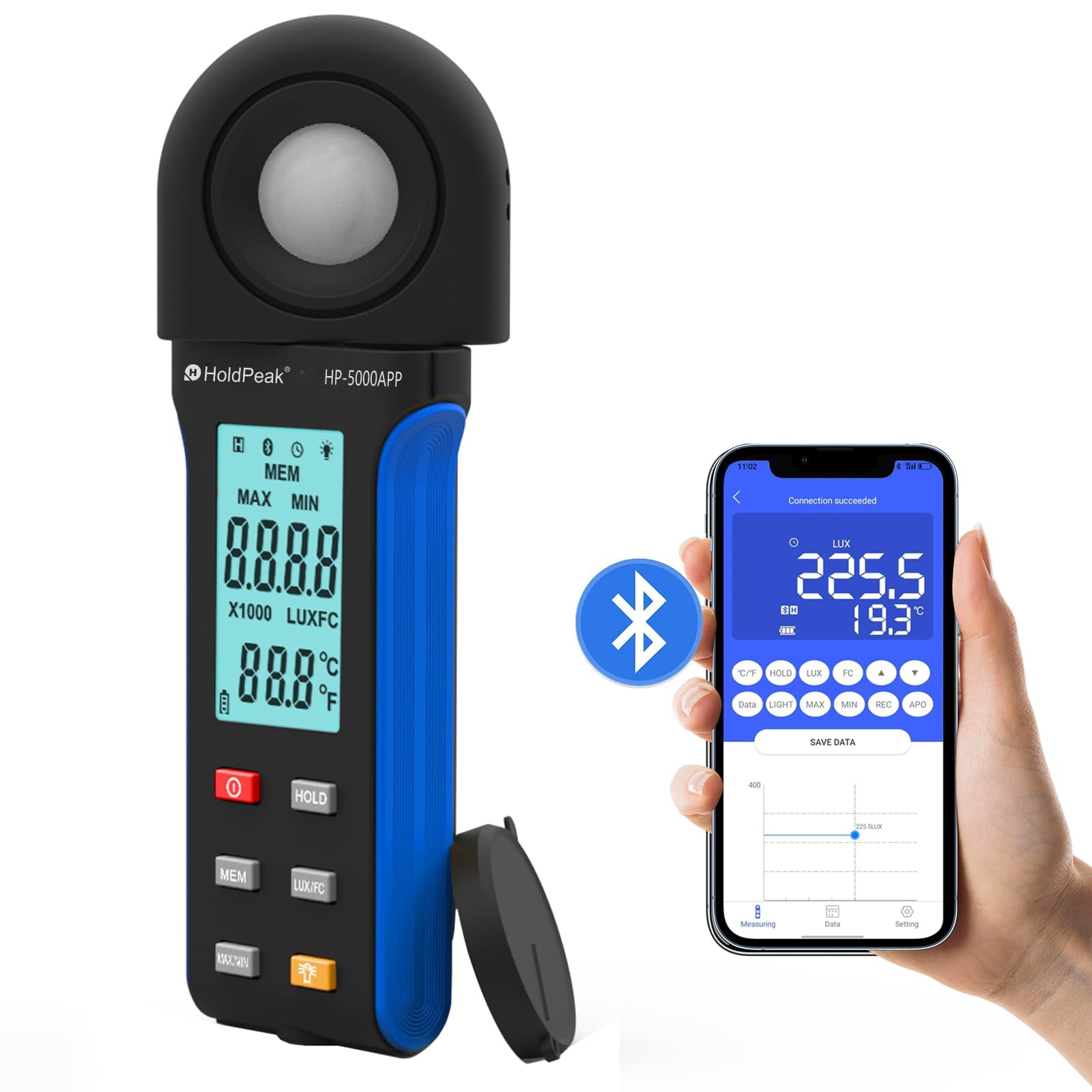 H HOLDPEAK Handheld Digital Light Meter with Bluetooth APP Function 5000APP, Range Up to 0.01-400,000 Lux, 270° Rotate Sensor Head, Data Hold&Storage, Lux Meter for Plants, LCD backlit