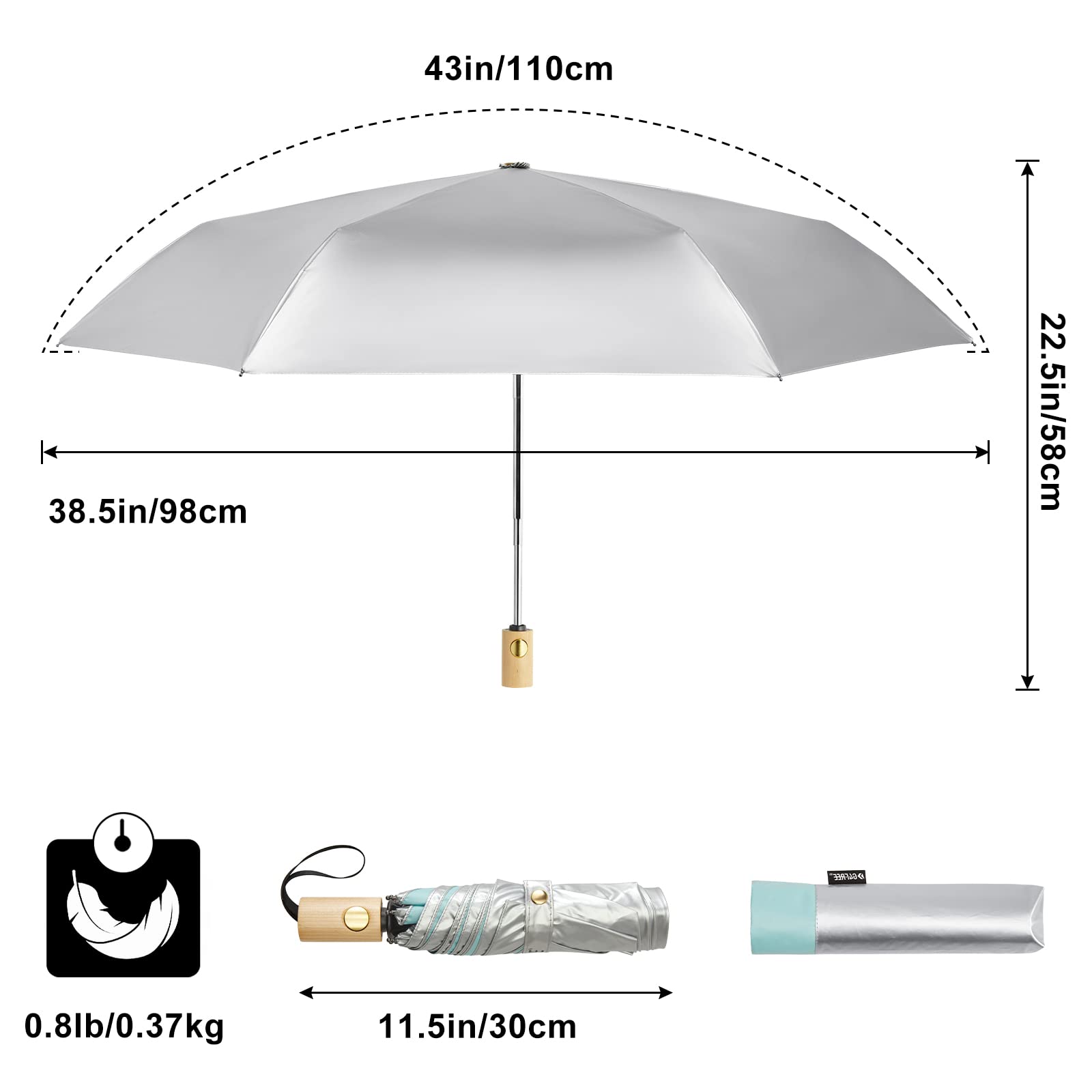 G4Free UPF 50+ UV Protection Travel Umbrella with Wooden Handle, 42 Inch Lightweight Sun Rain Folding Umbrellas Auto Open Close (Lake Blue)