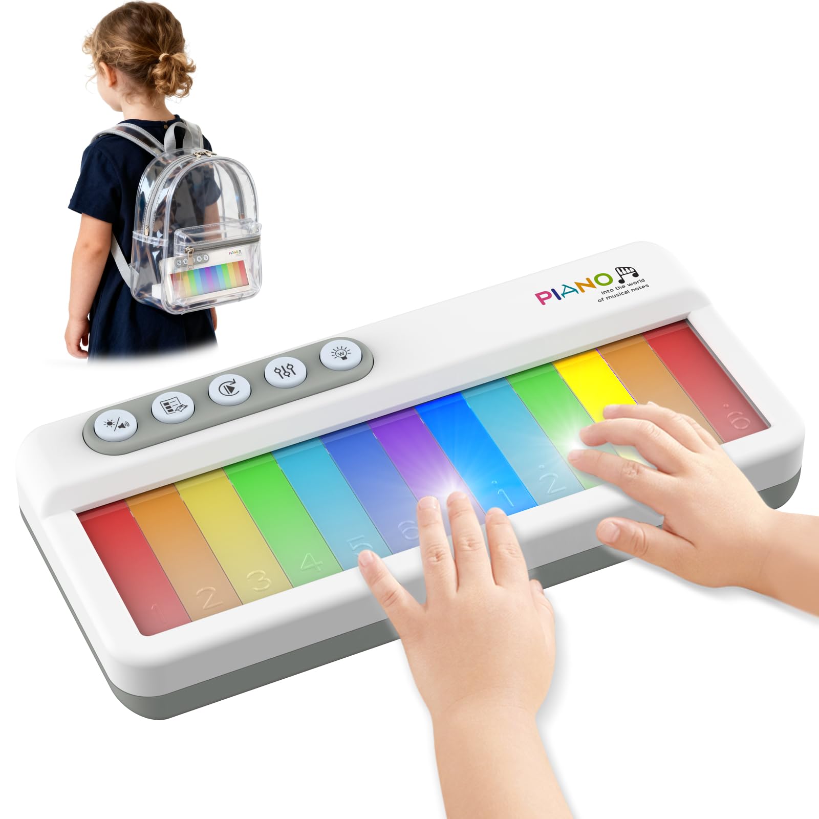 Pup Go Pocket Size Rainbow Electronic Piano for Toddlers Age 2+, Early Learning Keyboard, Touch Screen Keys with Multicolor Backlit, 5 Instrument Sounds and 13 Demo Songs (17.4 x 7.6 cm)