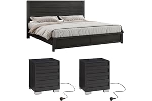 LUXOAK 3 Pcs Bedroom Furniture Sets - Includes Farmhouse King Size Bed Frame with 49" Tall Headboard and Nightstand Sets of 2 with Charging Station, Slated Handles & Stainless Steel Feet, Black