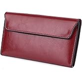 AurexaFashion Women's Genuine Real Leather Slim Envelope Wallet with Detached Card Holder with Magnetic Closure, Phone Holder Clutch (Wine Red)