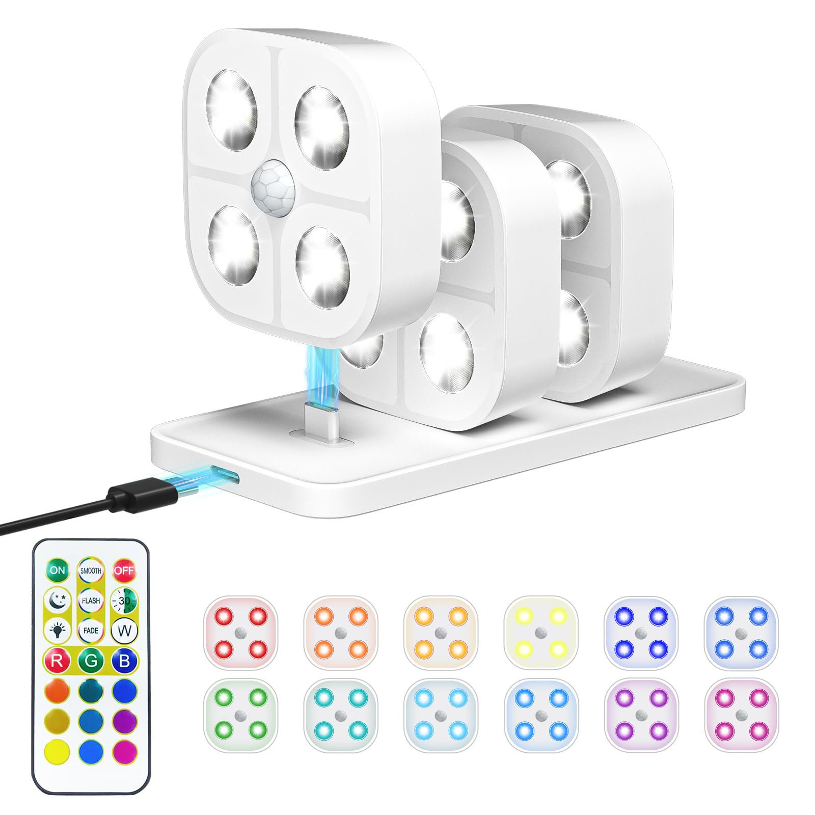 Photo 1 of Wireless Step Light Rechargeable Puck Lights with Charging Station, RGB Motion Sensor Puck Light Under Cabinet Lighting with Remote Control, LED Closet Lights for Stair, Kitchen (3 Pcs)