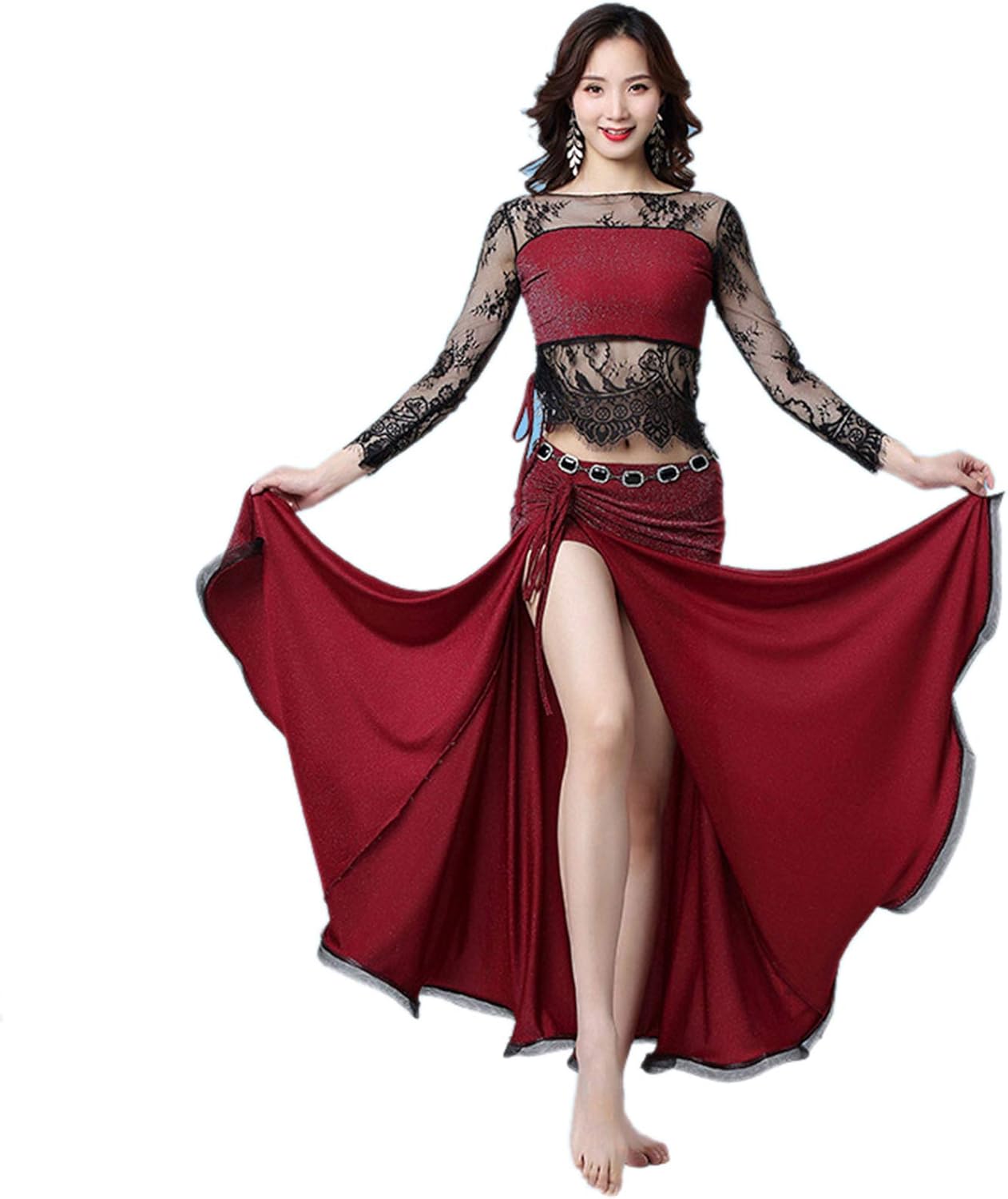 MEIGUI 2pcs Women Belly Dance Costume Set Long Sleeves Floral Lace Top